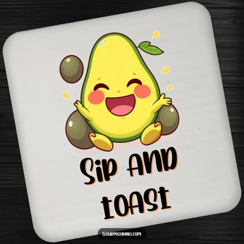 Funny Drink Coaster featuring a beaming avocado juggling pits, offering a fun and functional surface protector.