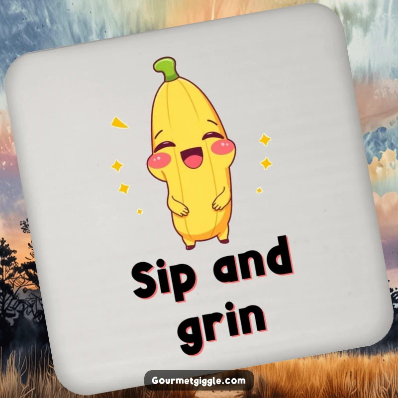 Funny drink coaster featuring a beaming banana splitting with laughter, protecting surfaces with hilarious fruit art.