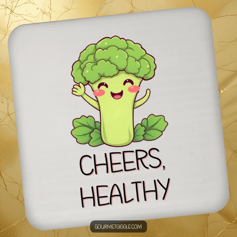 Funny drink coaster featuring a delighted broccoli smiling and doing a friendly wave, adding veggie charm to any table.