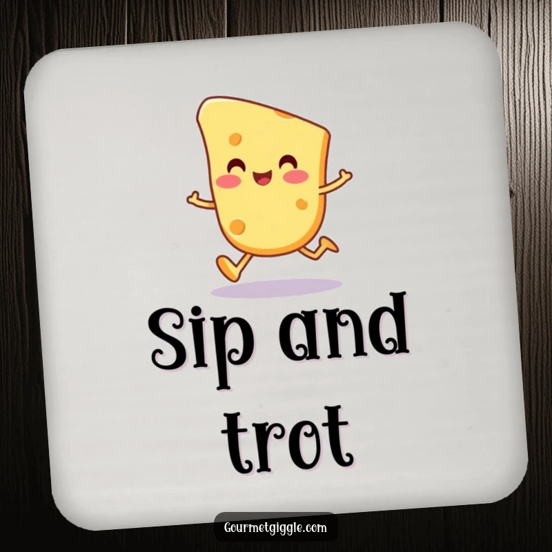 Funny cheese slice character drink coaster, a happy, round cheese piece doing a wobbly trot, protecting surfaces with humor.