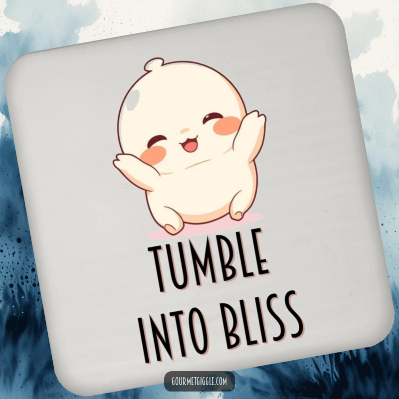 Funny chubby dumpling coasters, cute, rosy-cheeked food characters joyfully tumbling to protect surfaces with charm.