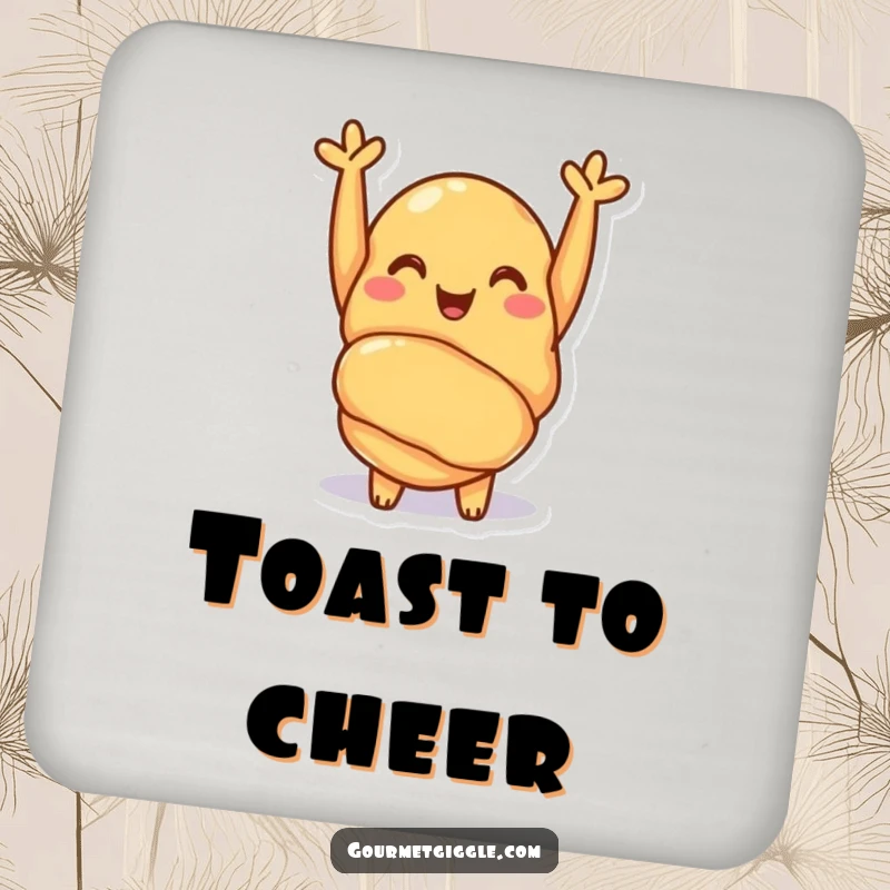 Funny croissant drink coasters featuring a cheerful pastry with arms raised in a happy cheer. Adds whimsy to drink service.