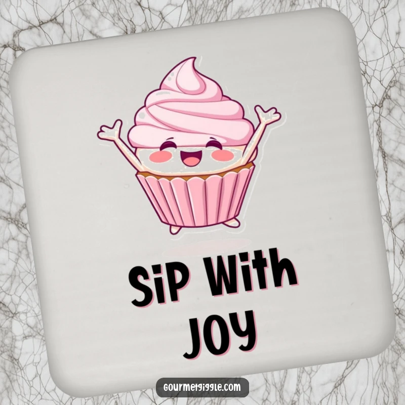 Funny Cupcake Coasters depicting a smiling cupcake character joyfully leaping, adding sweetness.