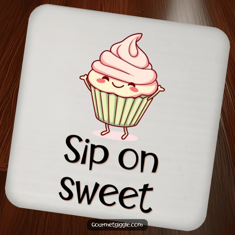 Funny Drink Coaster featuring a cheerful cupcake doing a jig, offering a fun and functional surface protector.