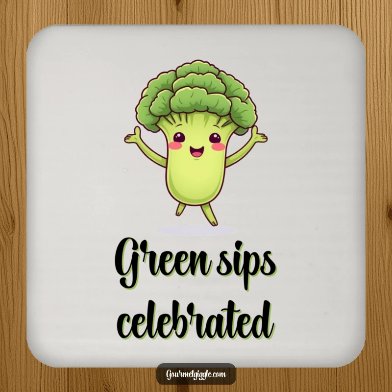 Funny drink coaster featuring a dancing broccoli floret with green arms, perfect for adding a touch of humor and protecting surfaces from drinks.
