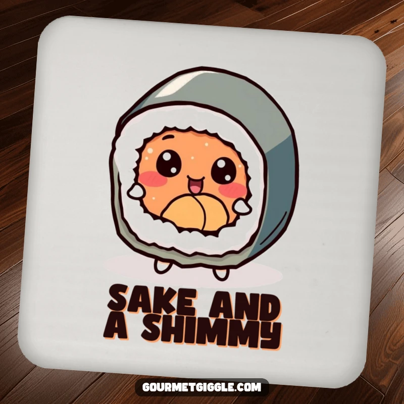 Funny delighted sushi roll with expressive eyes, joyfully dancing, acting as a playful drink coaster.