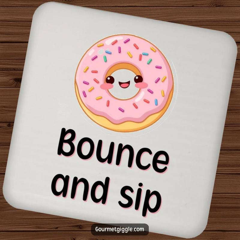 Funny donut drink coaster showing a happily bouncing sprinkled donut, adding playful charm.