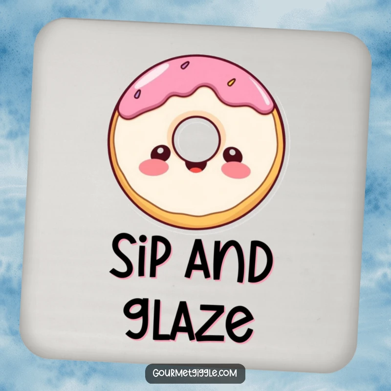 Funny donut character drink coaster, a cheerful, round donut with a delighted expression, protecting surfaces with sweet humor.
