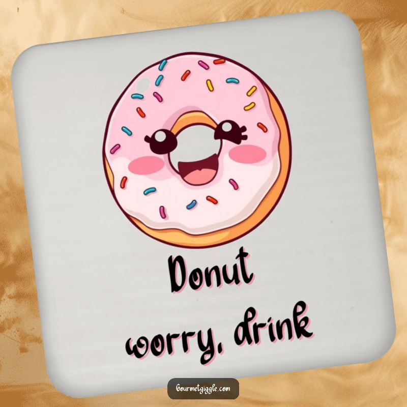 Funny Donut Sprinkles Coaster showcasing a laughing donut with wiggling sprinkles, adding a touch of sweet humor to any beverage setup.
