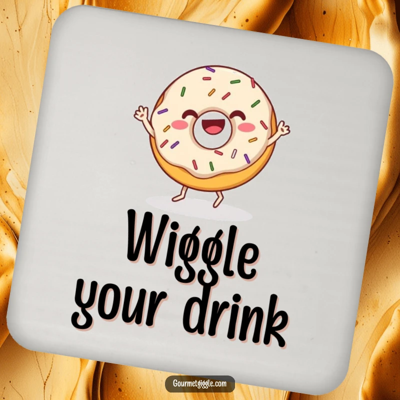 Funny donut drink coasters with sprinkles doing a joyful wiggle dance, protecting surfaces with artistic flair and humor. Great for parties.