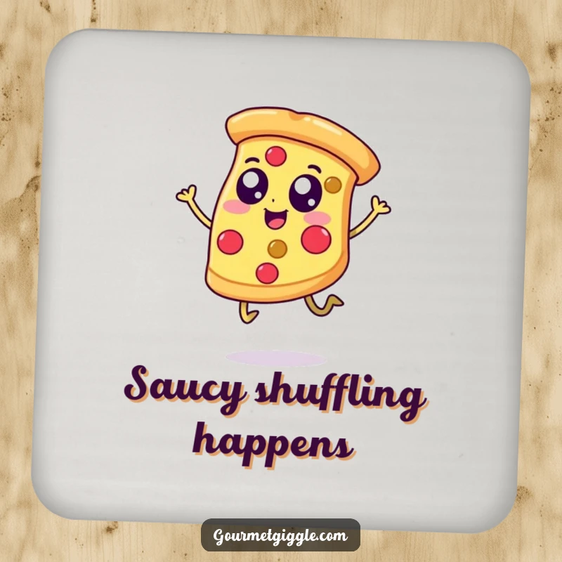 Funny drink coaster featuring a happy, leaping pizza slice, perfect for adding a touch of humor and protecting surfaces from drinks.