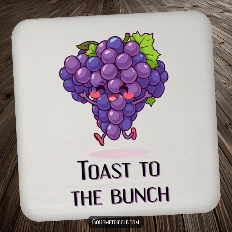 Funny coaster with an exuberant bunch of grapes doing a little hop, adding a cheerful and fruity touch.