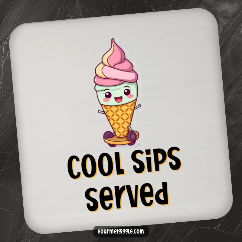 Funny drink coaster featuring a cheerful, scooting ice cream cone, perfect for adding a touch of humor and protecting surfaces from drinks.