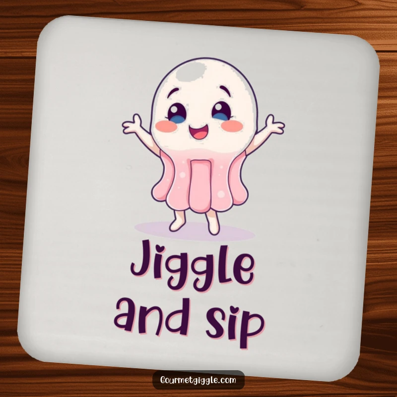 Funny Jelly Coasters depicting a wobbly jelly character doing a happy dance, adding quirky charm.