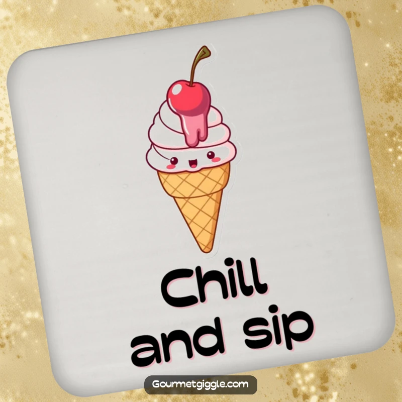 Funny Drink Coaster featuring a delighted, slightly melty ice cream cone with a cherry, offering a humorous surface protector.