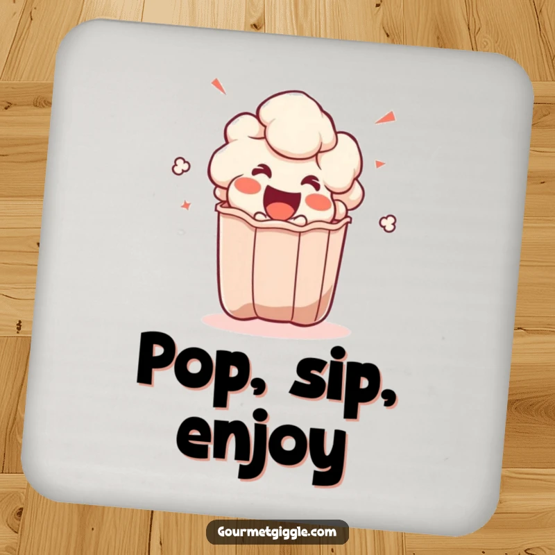 Funny popcorn kernel coaster featuring an excited character popping from a bag, protecting surfaces with movie-themed humor.
