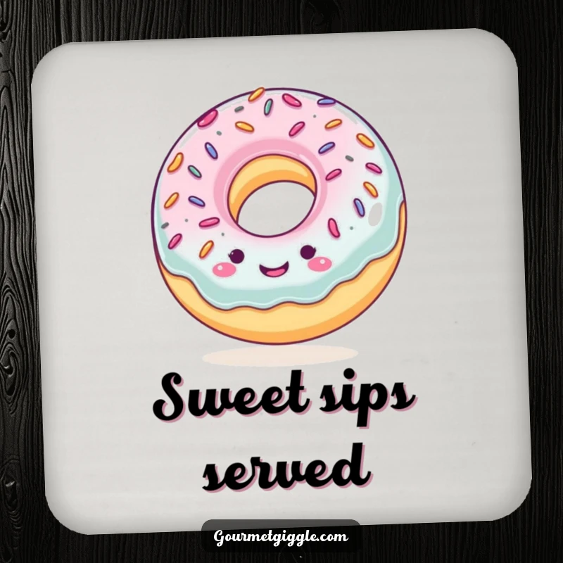 Funny drink coaster featuring a smiling, bouncing donut with sprinkles, perfect for adding a touch of humor and protecting surfaces from drinks.