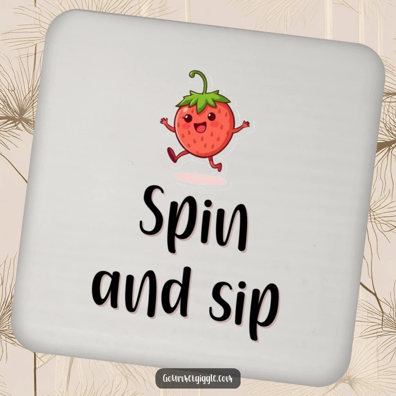 Funny strawberry character drink coaster, depicting a cheerful fruit in a cartwheel pose, guarding your furniture with humor.