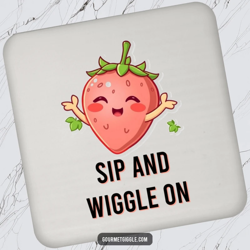 Smiling strawberry wiggling its green leaves like arms, a humorous and protective drink coaster design.