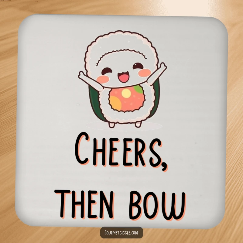 Funny sushi roll coaster featuring a cheerful character in a silly bow, protecting furniture with a humorous touch.