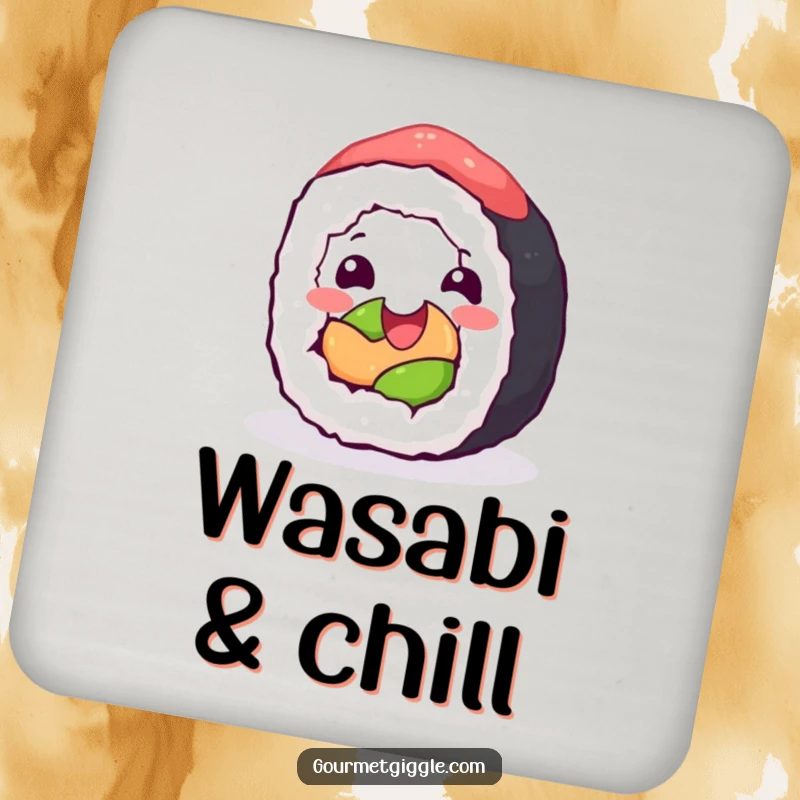 Funny Drink Coaster: A happy sushi roll joyfully rolling with glee, adding culinary fun to your tabletop.
