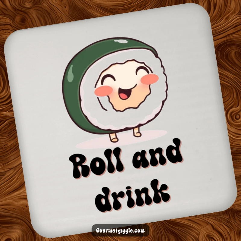Funny drink coaster featuring a cheerful, wobbly sushi roll with tiny feet doing a happy jig, protecting furniture with humor.