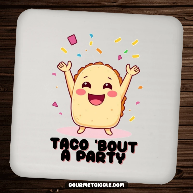 Funny taco drink coaster with arms joyfully throwing confetti, protecting surfaces with humorous and festive charm.