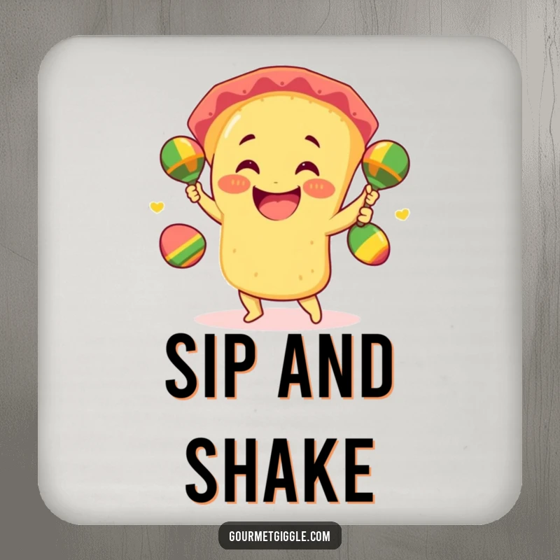 Funny taco coaster featuring a smiling taco juggling three mini maracas with giddy excitement, adding festive protection.