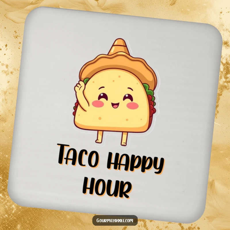 Funny Taco Sombrero Coaster showcasing a happy taco tapping its shell, adding a touch of festive humor to any beverage setup.