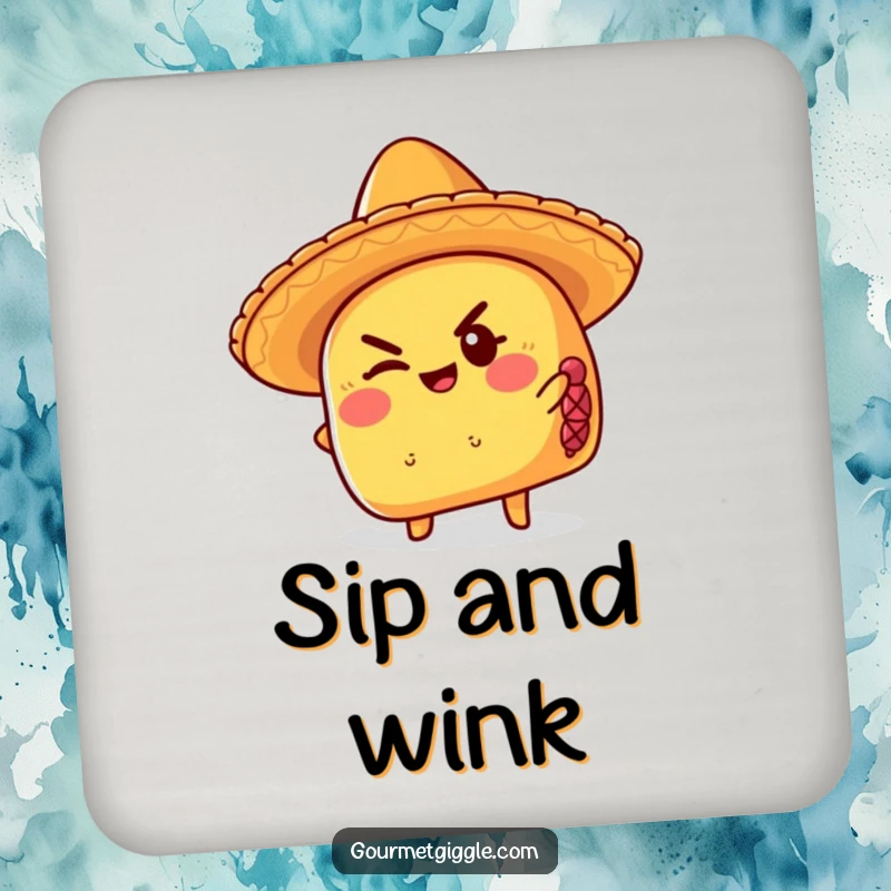 Funny taco drink coaster wearing a sombrero, giving a mischievous wink, protecting surfaces with humorous charm.