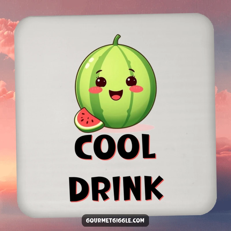 Funny drink coaster featuring a proud watermelon, a slice missing, beaming with summer joy, protecting surfaces.