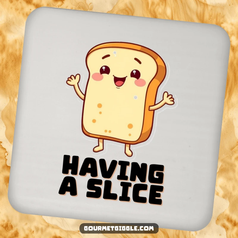 Funny grinning bread loaf with arms, cheerfully waving hello, acting as a playful drink coaster.