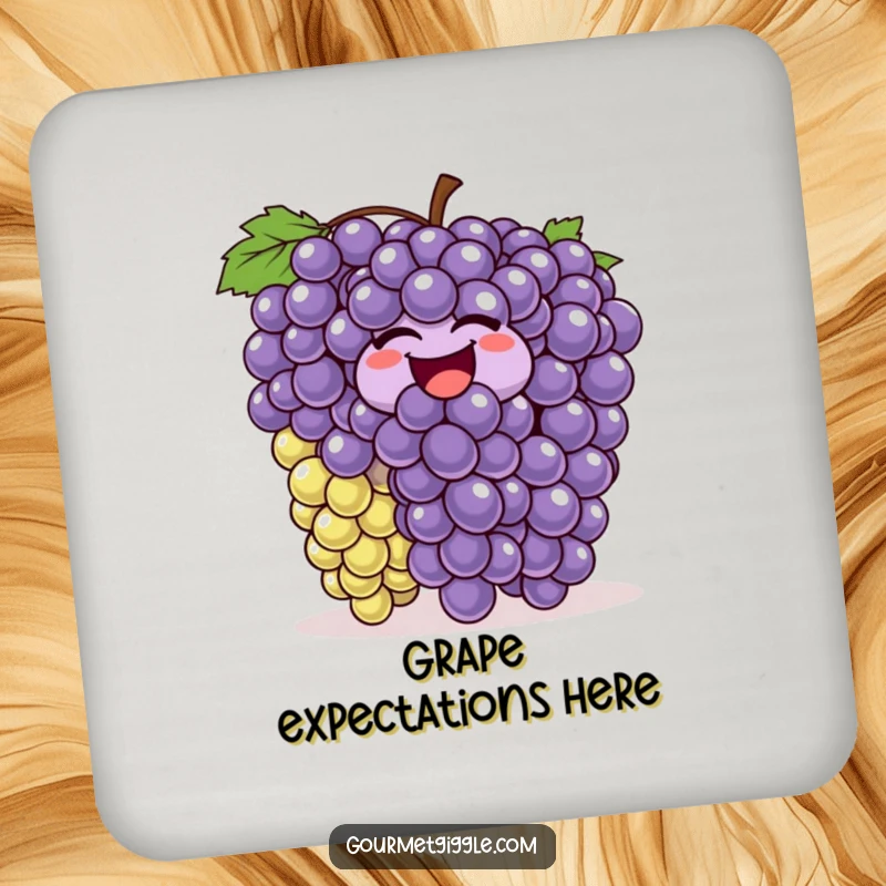 Funny wiggling grapes coasters, a set of coasters featuring a bunch of grapes laughing and bouncing, protecting surfaces with fruity humor.
