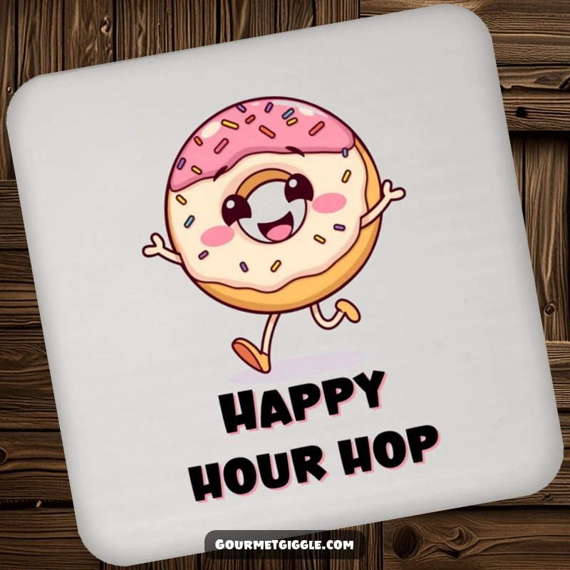 Funny drink coasters featuring a grinning donut doing a little jump with sprinkles scattering, adding sweet humor to any surface.