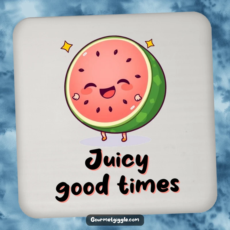 Funny watermelon drink coasters featuring a giggling slice doing cartwheels, adding a pop of color and humor to any table. Great for entertaining.