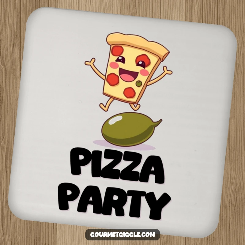 Funny drink coaster with a grinning pizza slice leaping over a giant olive, protecting furniture with pizza-themed humor.