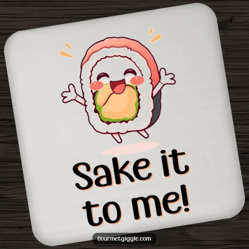 Funny sushi roll coaster featuring a delighted, happy sushi roll performing a celebratory jump, protecting surfaces with a humorous design.
