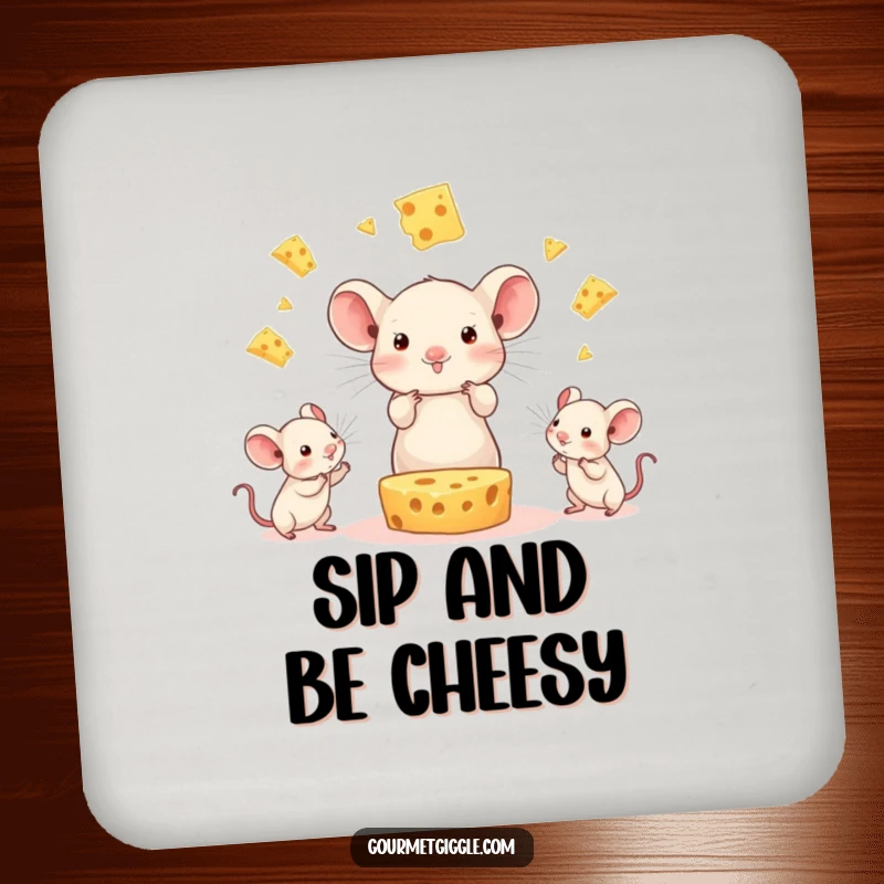 Funny Cheese Juggling Mice Coasters: A joyful cheese wedge juggles little mice, adding a humorous and protective element to drink service.