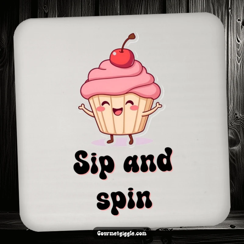 Funny Cupcake Dance Drink Coaster showing a happy cupcake with a cherry, adding a touch of sweet humor to beverage protection.
