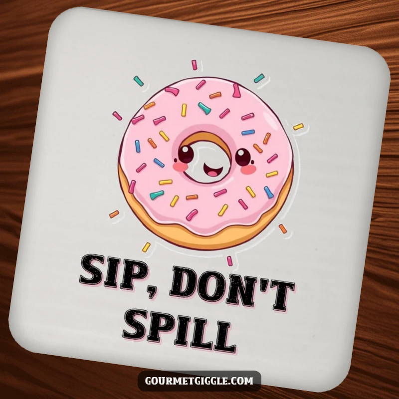 Funny drink coaster depicting a gleeful donut in a happy spin with sprinkles falling, adding humor and protection to beverage placement.