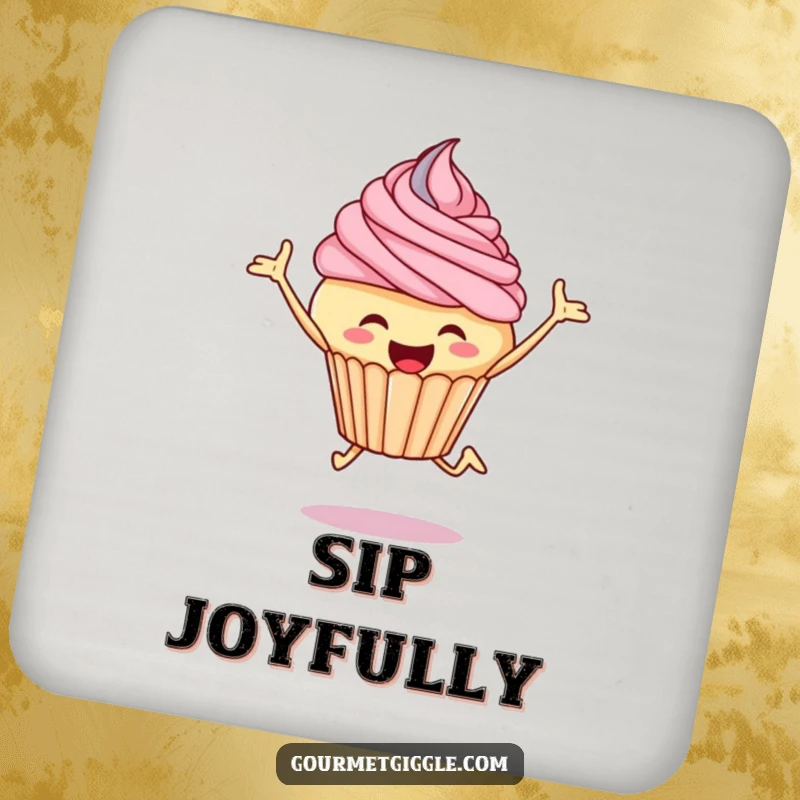 Funny cupcake drink coaster showing a happily leaping cupcake with swirling frosting, adding charm.