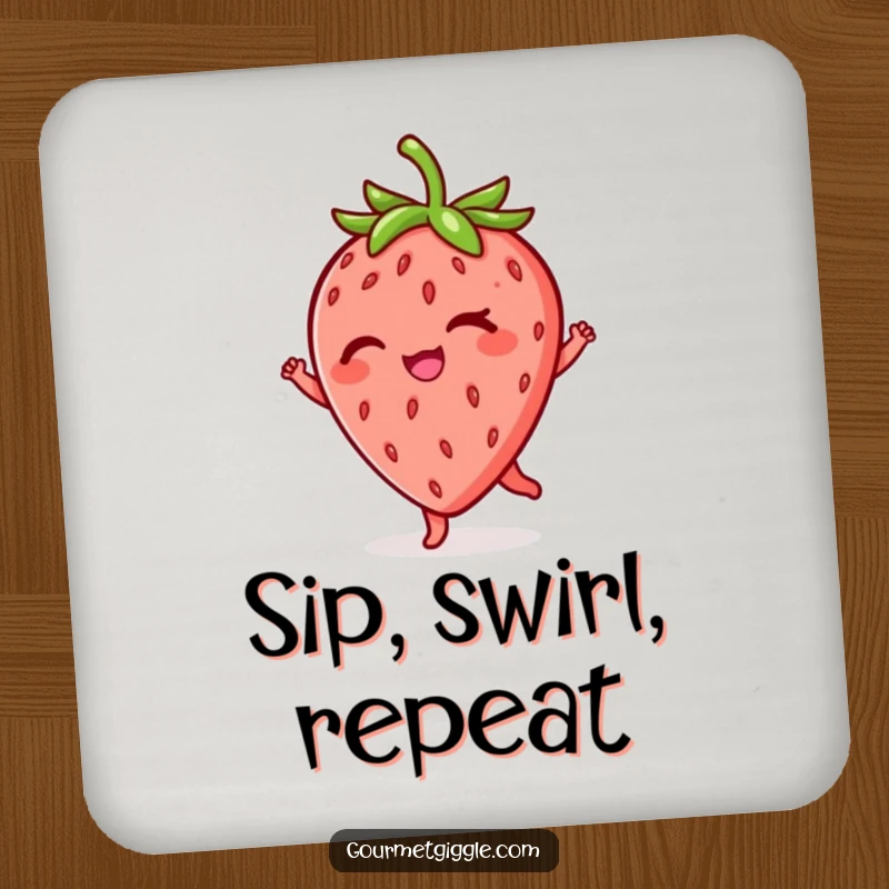 Funny winking strawberry coaster, cork backing, showcases a dancing fruit with a mischievous wink, protects furniture with humor.