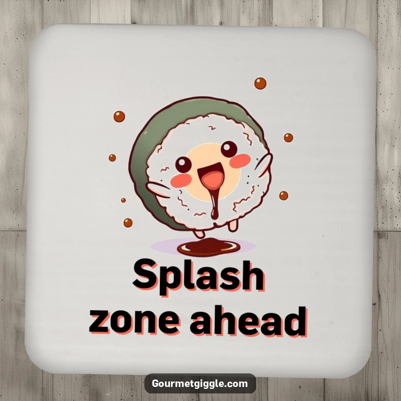 Funny sushi roll drink coaster depicting a cartwheeling sushi, adding a humorous touch.
