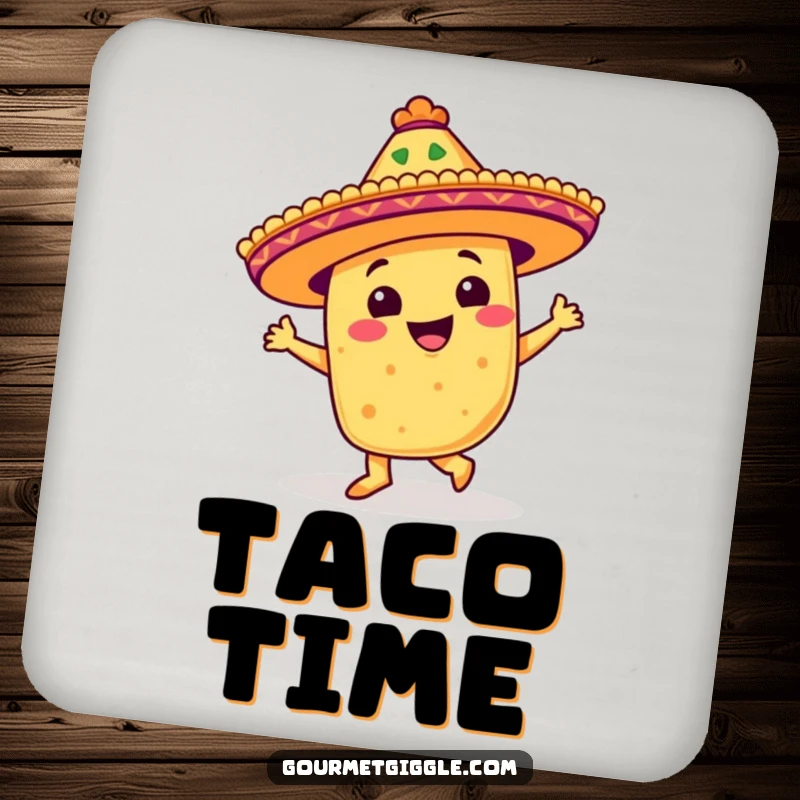 Funny drink coasters featuring a beaming taco with a festive sombrero doing a salsa step, great for surface protection.