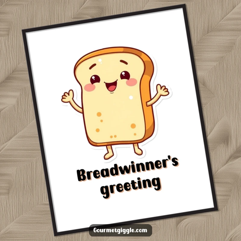 Funny grinning bread loaf with arms, cheerfully waving hello, presented as playful wall art on a poster.