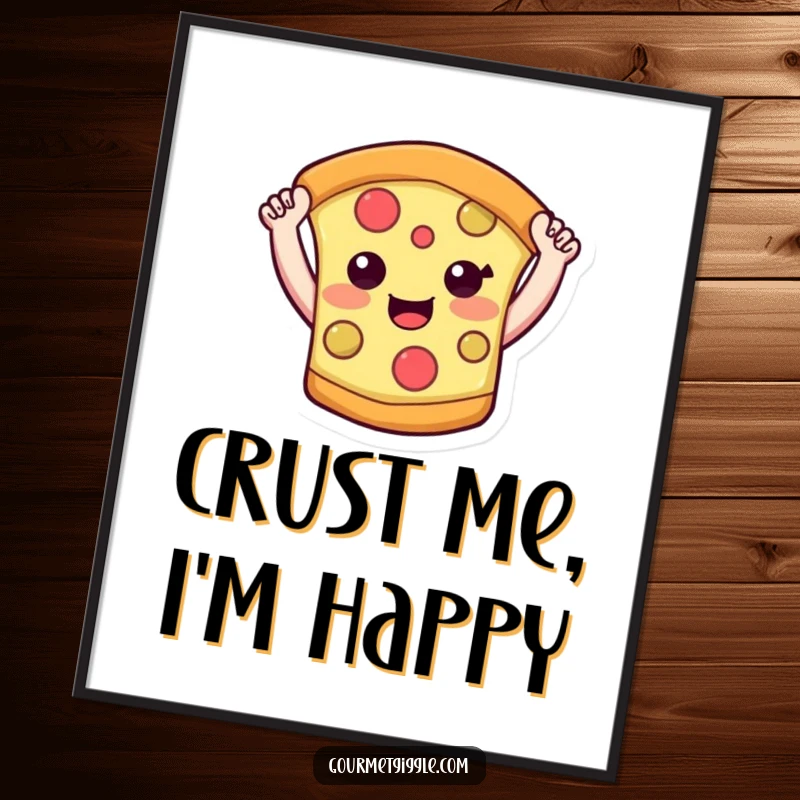 Funny pizza slice poster showcasing a cheerful pizza character with tiny arms raised high in a celebratory gesture. Mouth-watering art.