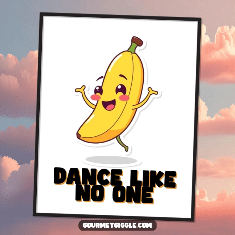 Funny Banana Jigging Poster: A smiling banana is caught mid-jig, bringing vibrant energy and comical movement to any wall.