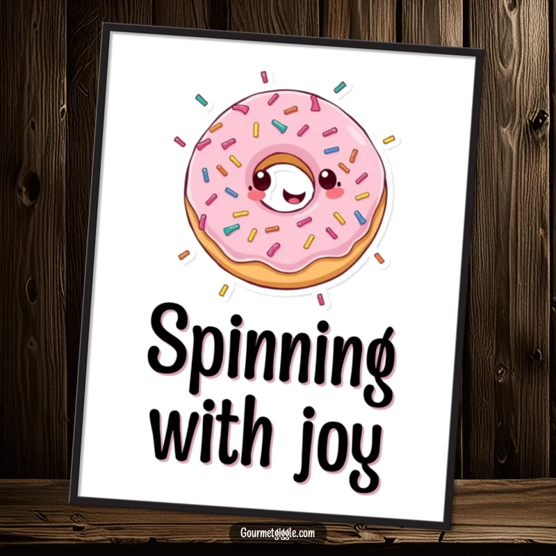 Funny poster capturing a gleeful donut in a happy spin with sprinkles showering down, embodying pure, sweet cheer.