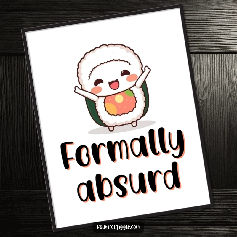 Funny sushi roll poster showcasing a cheerful character performing an amusingly graceful bow, great for adding humor to wall decor.