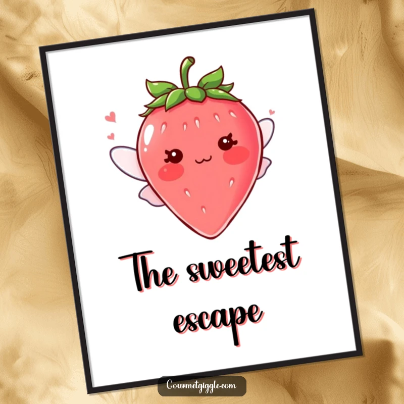 Funny blushing strawberry character with tiny fluttering wings on a poster, cute wall art representing sweetness and charm, a funny gift idea.